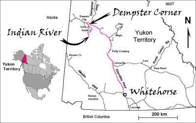 Map of the Yukon Territory showing the path of their journey from Whitehorse to their home at the Indian River.